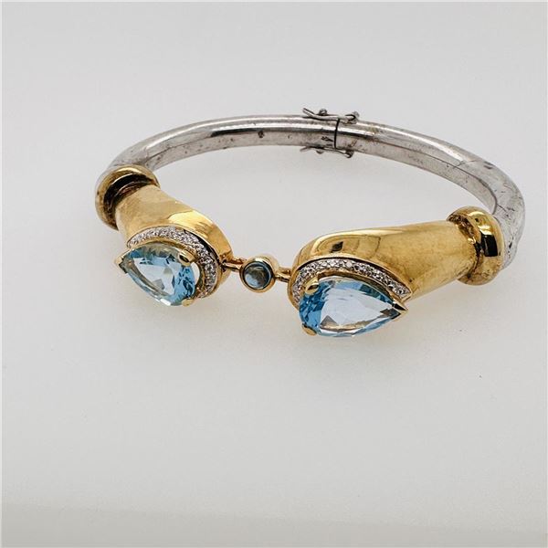 Sterling Silver, 14K Yellow Gold & Blue Topaz Split Bracelet