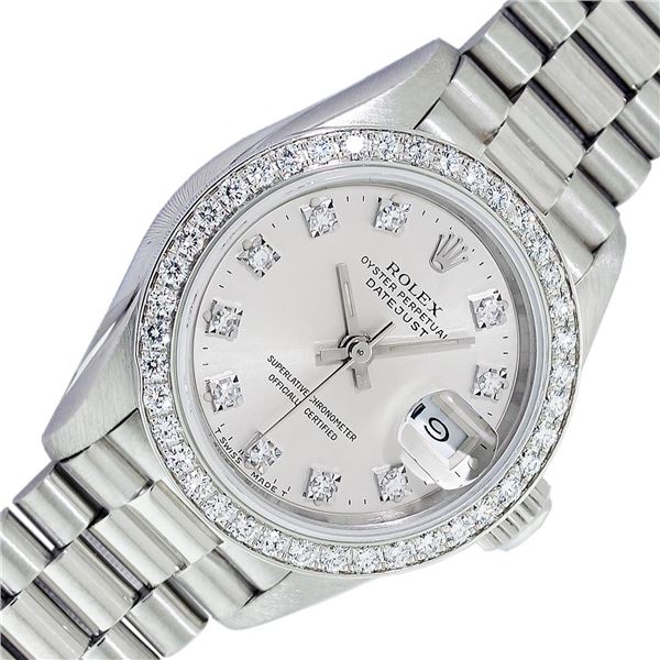 Rare Rolex Ladies Platinum Factory Diamond Dial & Bezel President With Rolex Box