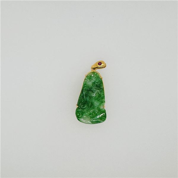 Antique Chinese Carved Jadeite Pendant Mounted in 18K Yellow Gold with Ruby