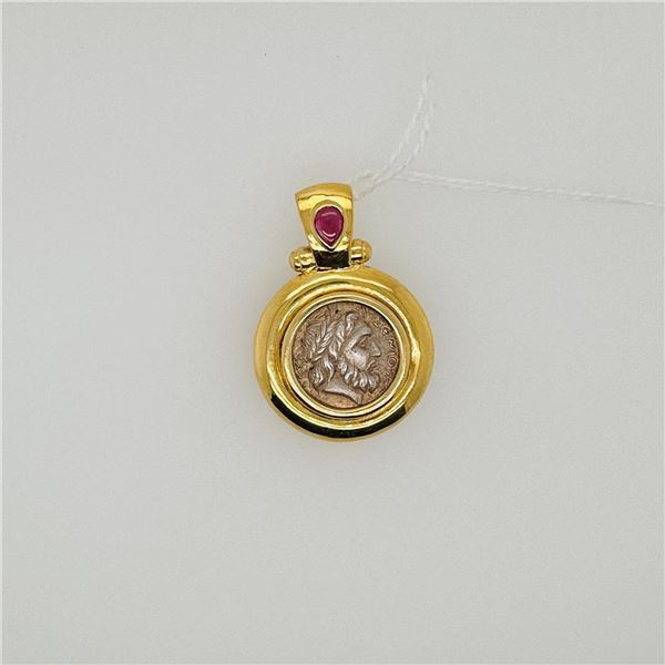 18k Yellow Gold Tourmaline & Greek Coin Pendant