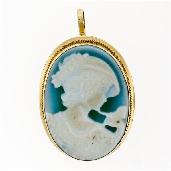 Vintage Italian 18K Yellow Gold Detailed Carved Agate Cameo Brooch Pin Pendant