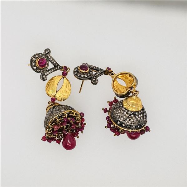 Pair Antique Indian Gold Topped Silver Ruby & Diamond Chandelier Earrings