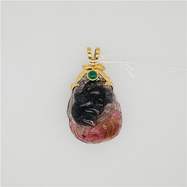 Chinese Carved Bicolor Tourmaline Pendant with 18k Yellow Gold & Emerald Mount