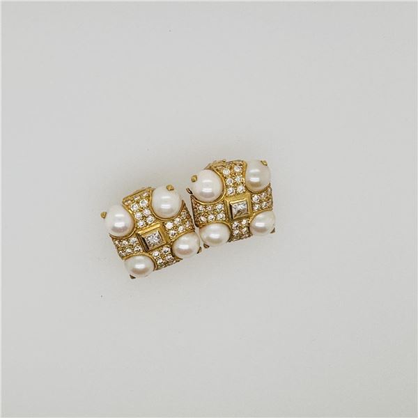 Pair of Heavy 18K Yellow Gold Diamond & Pearl Ear Clips