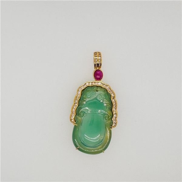 Unusual Green Chalcedony Carving Mounted in 18K Gold, Ruby & Diamond Pendant
