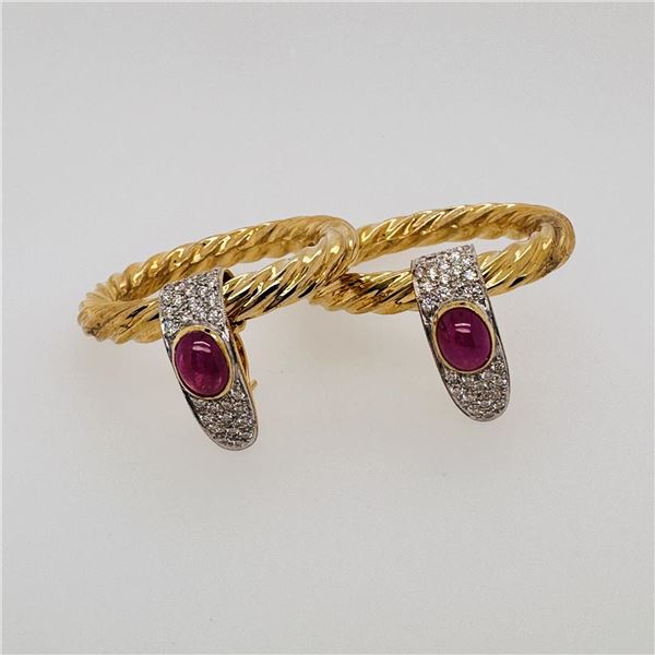 A Fine & Large Pair of 18K Yellow Gold, Ruby & Diamond Earrings