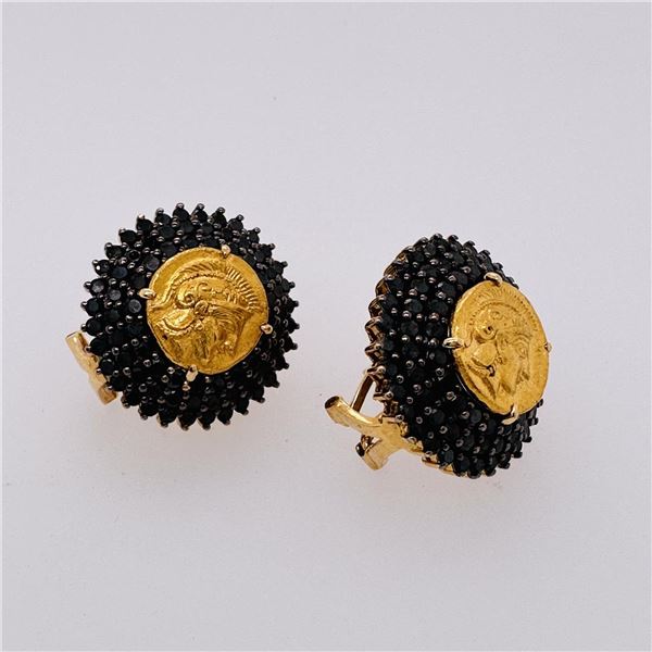 18K Yellow Gold & Black Diamond Earrings Set With Ancient Greek Gold Coins by Ca