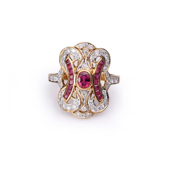 18k Gold Ruby & Diamond Art Deco Style Cocktail Ring