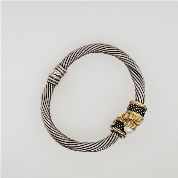 Vintage Sterling Silver & 18K Gold Crossover Bracelet with Natural Pearls