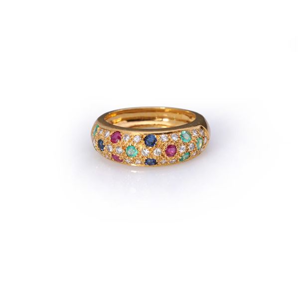 18k Yellow Gold Sapphire, Ruby, Emerald & Diamond Ring