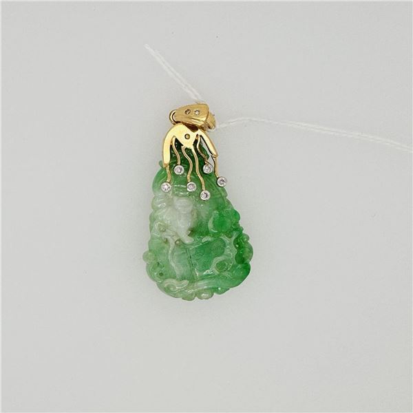 Chinese Carved Jadeite Pendant with 18K Yellow Gold & Diamond Mount