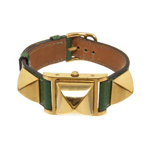 Hermes Green gold-Plated and Leather Medor Quartz 23m Watch