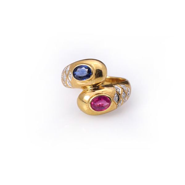 18k Yellow Gold Ruby & Sapphire Crossover Ring by Utopia