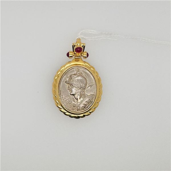 18K Yellow Gold Pendant with Rubies & Vintage Silver Medallion