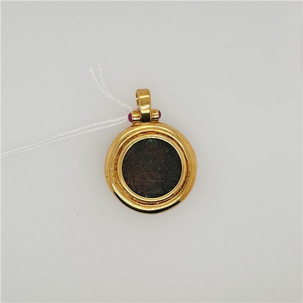 Heavy 18K Yellow Gold Pendant With Rubies & Imperial Roman Copper Coin