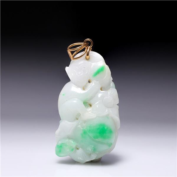 Chinese Carved Jadeite Pendant with 14K Yellow Gold Mount