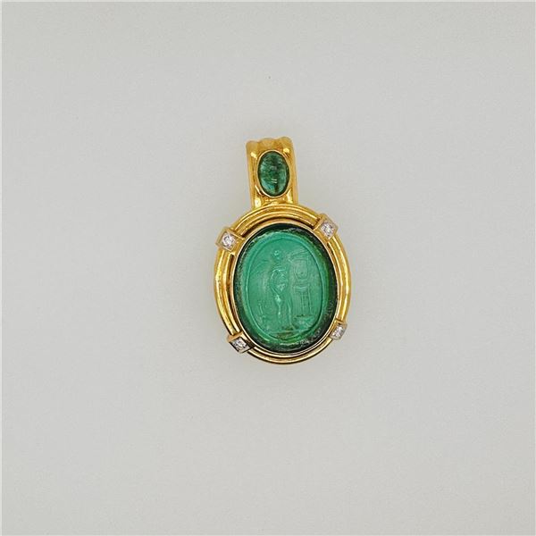 18K Gold, Emerald & Diamond Pendant with Antique Venetian Glass Cameo Medallion