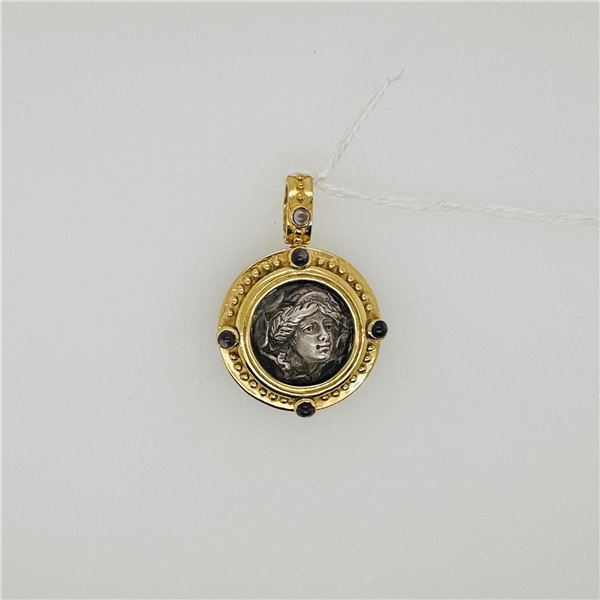 18K Yellow Gold Pendant with Iolite Cabochons & Sterling Silver Insert