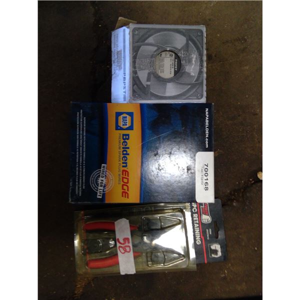 Spark plug wires, fan and retaining ring pliers