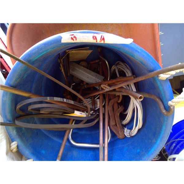 Tub with copper pipe, wire, belts and misc.