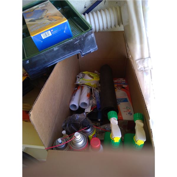 Box of painting supplies, lubricants, cleaners and misc.