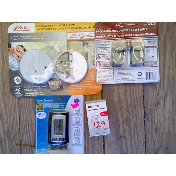 Smoke alarms, light switches, thermometer, timer