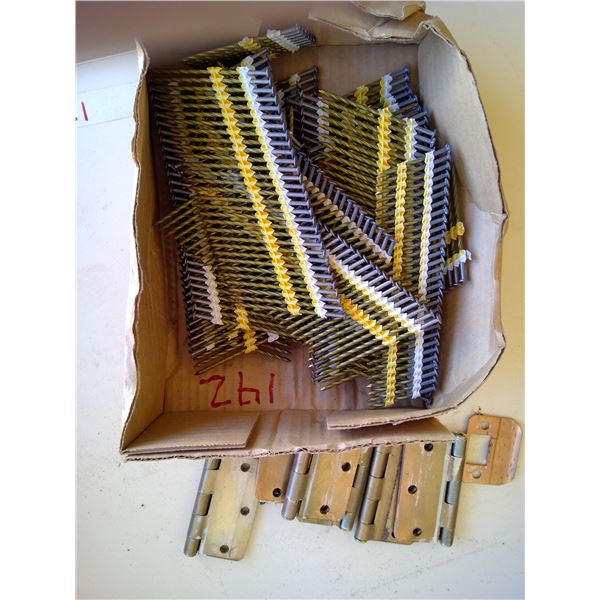 partial box of 3" nail strips and hinges