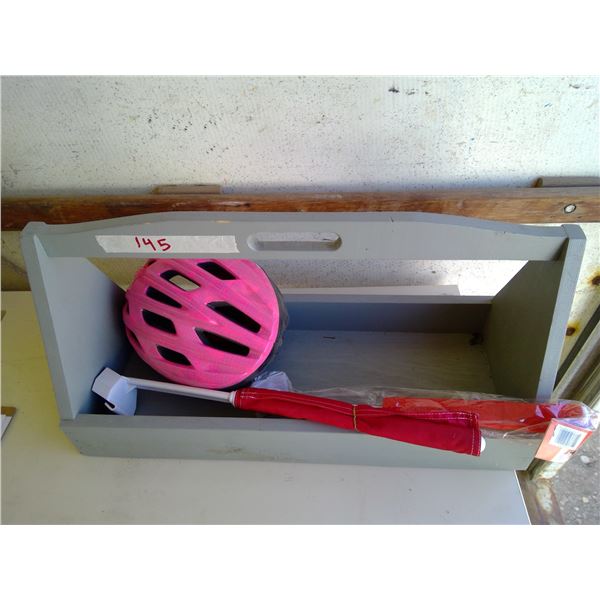 Wooden tote c/w bike helmet and 2 flags