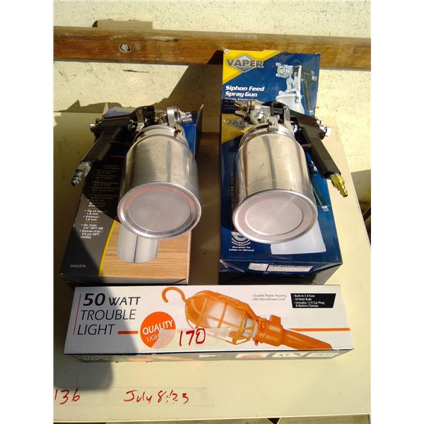Paint spray gun, siphon feed gun and trouble light