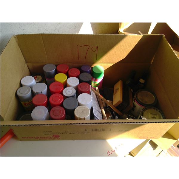 Spray paints and supplies in box