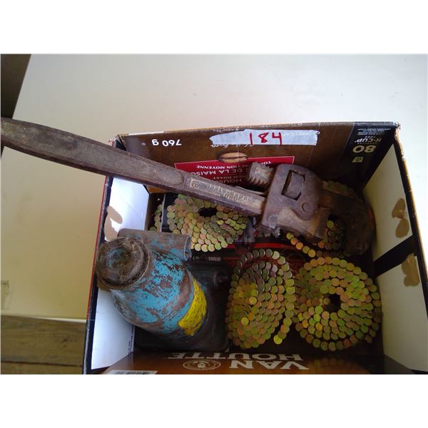 Partial box coil roofing nails ( 1.25") pipe wrench and hydraulic jack