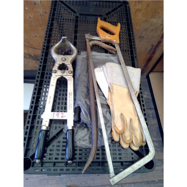 Meat saw, welding gloves, (2), crowbar and Burdizzo tool