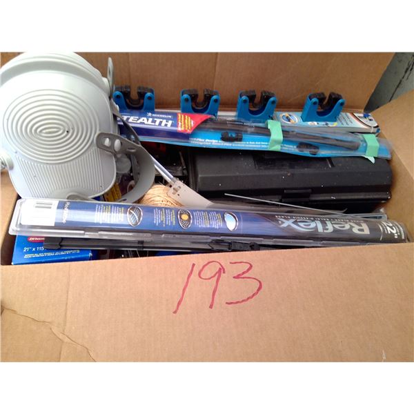 Box of asst fasteners and supplies, wiper blades and tools