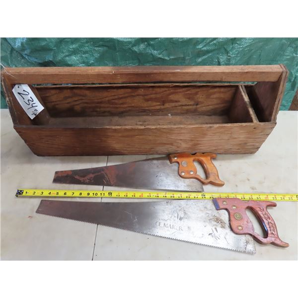 32"x 8"x 11.5" wooden tool box with 2 hand saws - with stamp markings