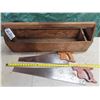 Image 1 : 32"x 8"x 11.5" wooden tool box with 2 hand saws - with stamp markings