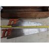 Image 4 : 32"x 8"x 11.5" wooden tool box with 2 hand saws - with stamp markings