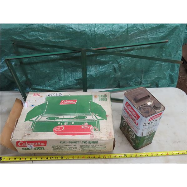 Coleman Camp stove (Model:421-C) with stand and Coleman fuel tin (tin has some fuel)