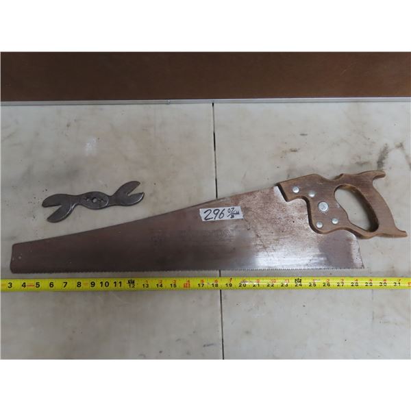 Antique Hawkeye Wrench Co. Alligator wrench + Disston D-8 saw - 25.5" blade