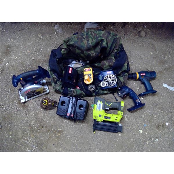 Ryobi rechargable tools, bag, batteries and chargers