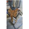 Image 1 : Custom Rodeo Saddle and horse blanket - 16" from horn to seat back - stand not included