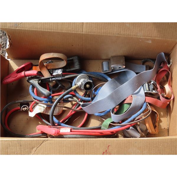 Box of jumper cables, and assorted hose/bungee cords/etc.