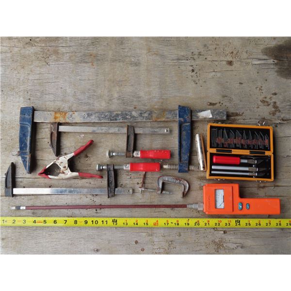 Lot of Clamps and Moisture reading gauge