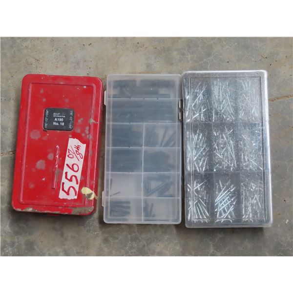 Metal drill bit case with contents + Case of rivets +  Case of Assorted Roll pins