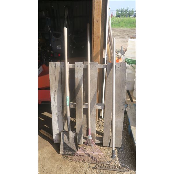 shovel and 2 rakes