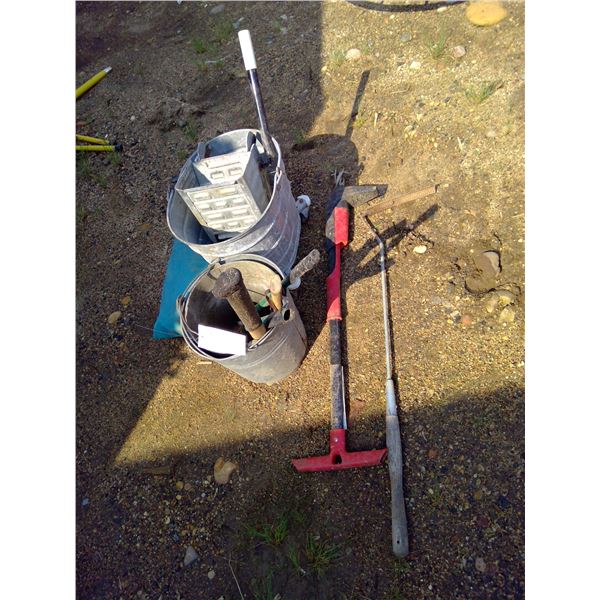 Mop bucket, 2 pails, tent and asst tools