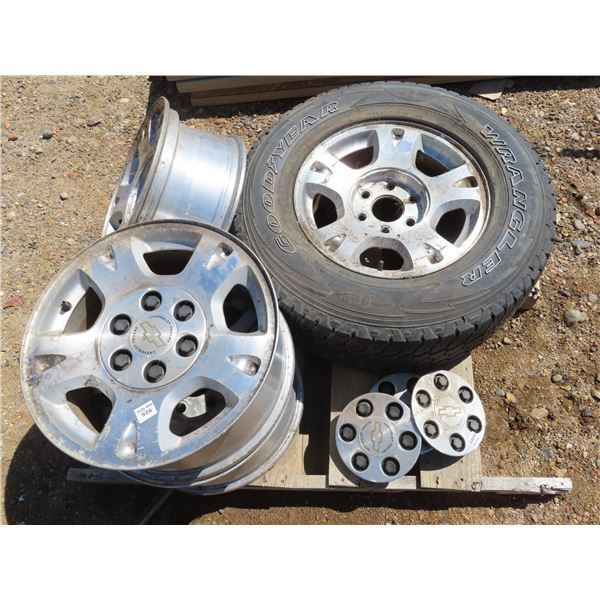 Set of 4 Truck Rims with Chev Truck Hubcaps & P265/70R17 113T Goodyear tire