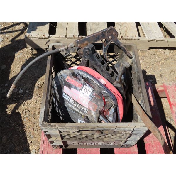 Crate of car tools: Jack, Jumper cables, grease gun, 2 cycle oil, etc.