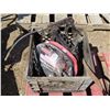 Image 1 : Crate of car tools: Jack, Jumper cables, grease gun, 2 cycle oil, etc.
