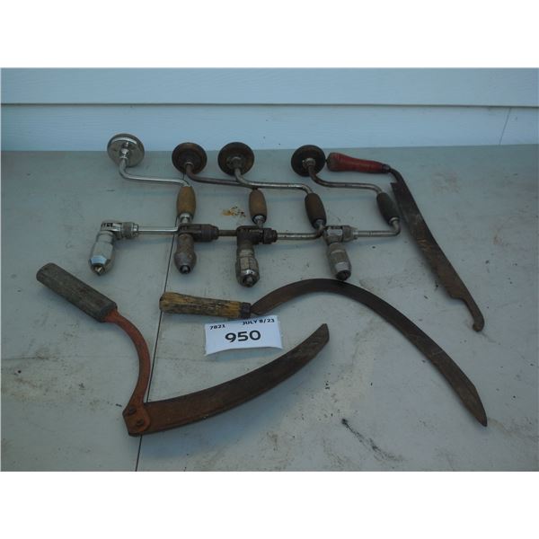Vintage brace drills, hand scythes & draw knife