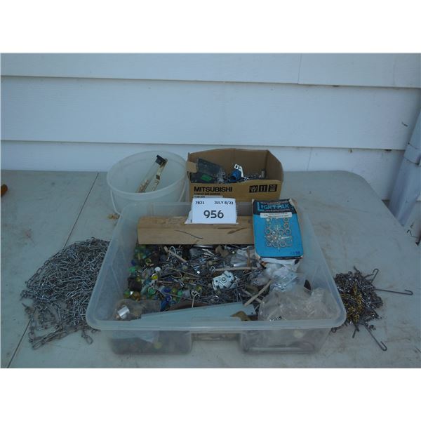 Assorted electrical hardware, small chain, marbles etc